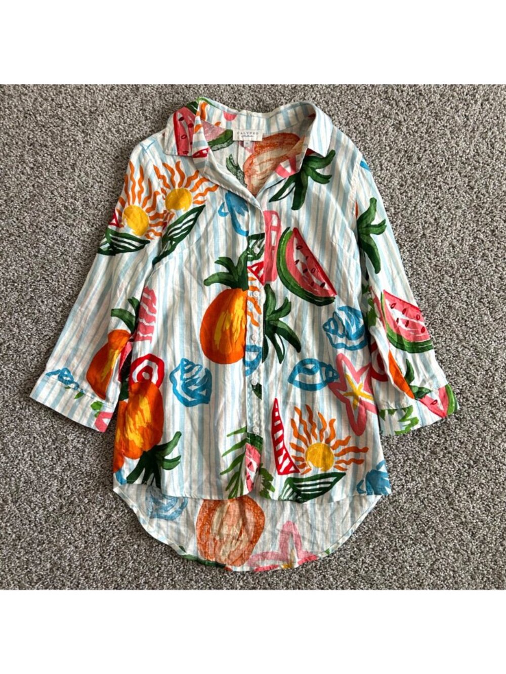 Calypso St. Barth Women's Sz M Fruit Print Linen Blend Button-Down Shirt Top - Picture 2 of 9